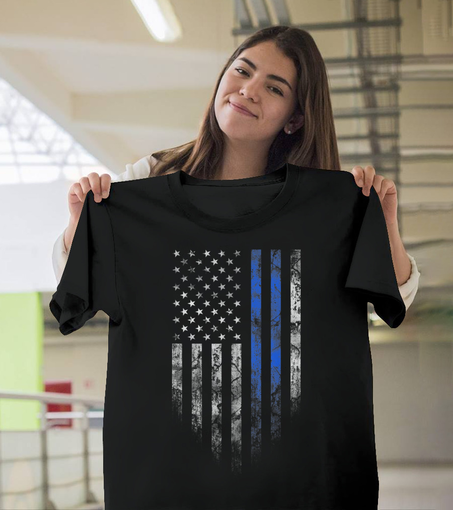 Thin Blue Line Distressed American Flag Police Support T-Shirt
