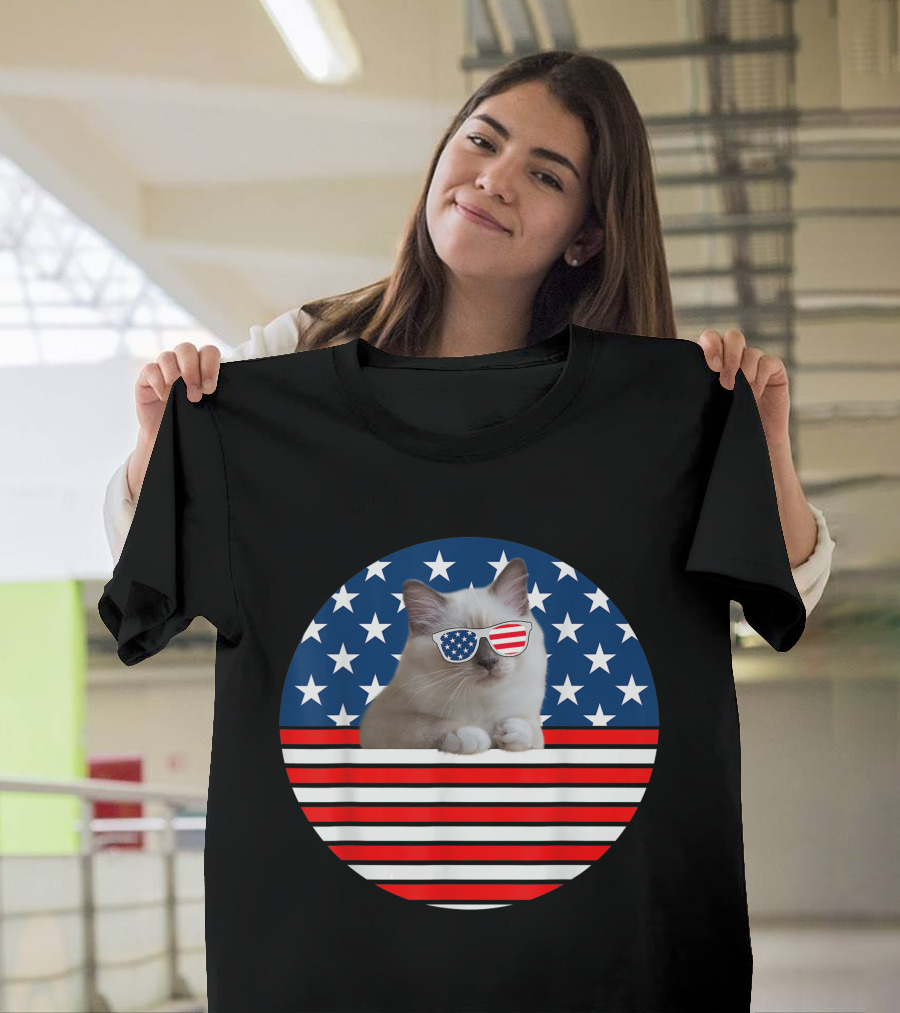 American Birman Cat USA Flag Funny 4th of July Cat with Sunglasses Patriotic T-Shirt