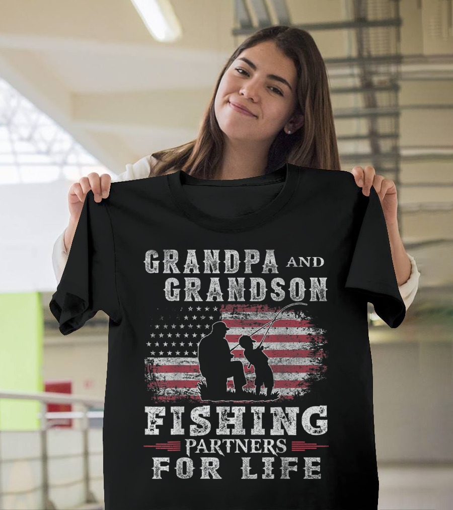 Grandpa and Grandson Fishing Partners for Life with American Flag T-Shirt