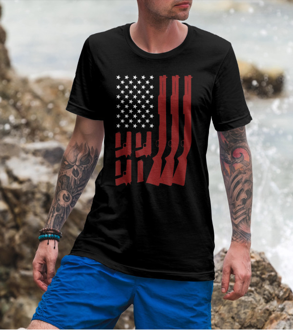 American Flag Shotgun Pistol Gun Lover USA T-Shirt