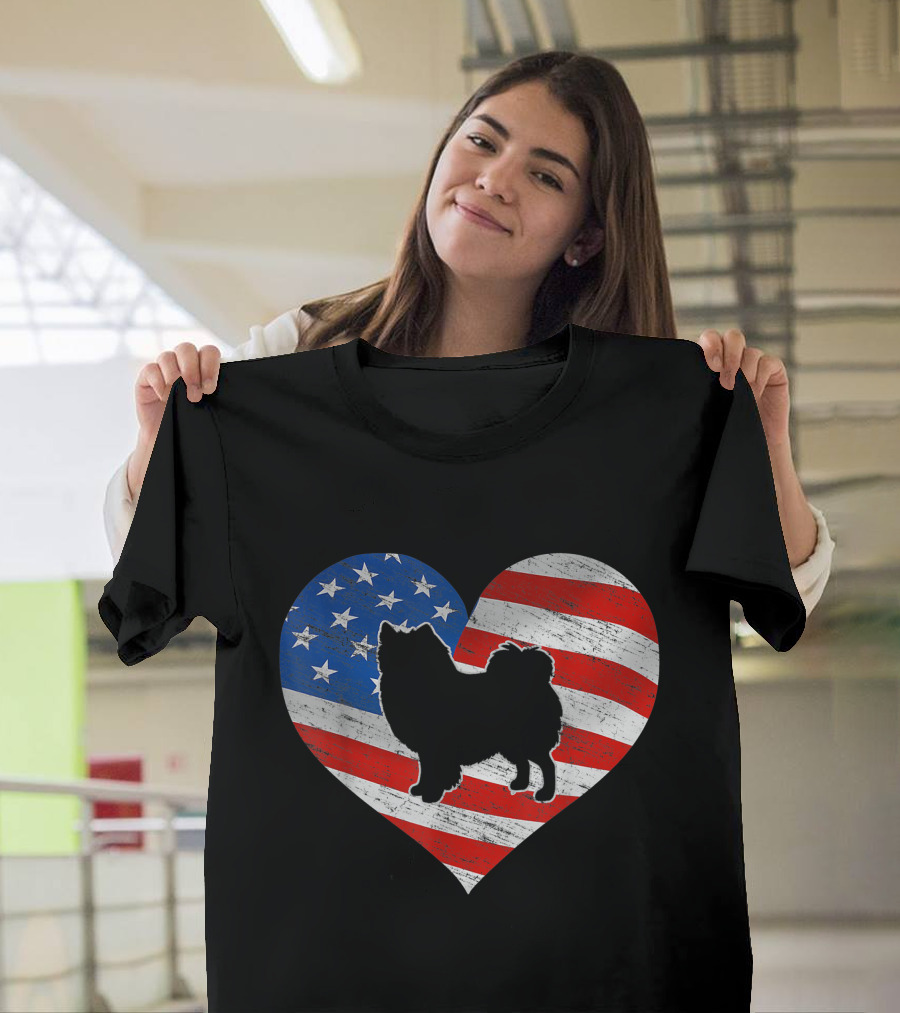 American Flag Heart with American Eskimo Dog Silhouette 4th of July T-Shirt