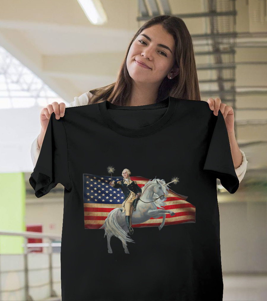 Washington Riding Unicorn Funny July 4Th American Flag T-Shirt