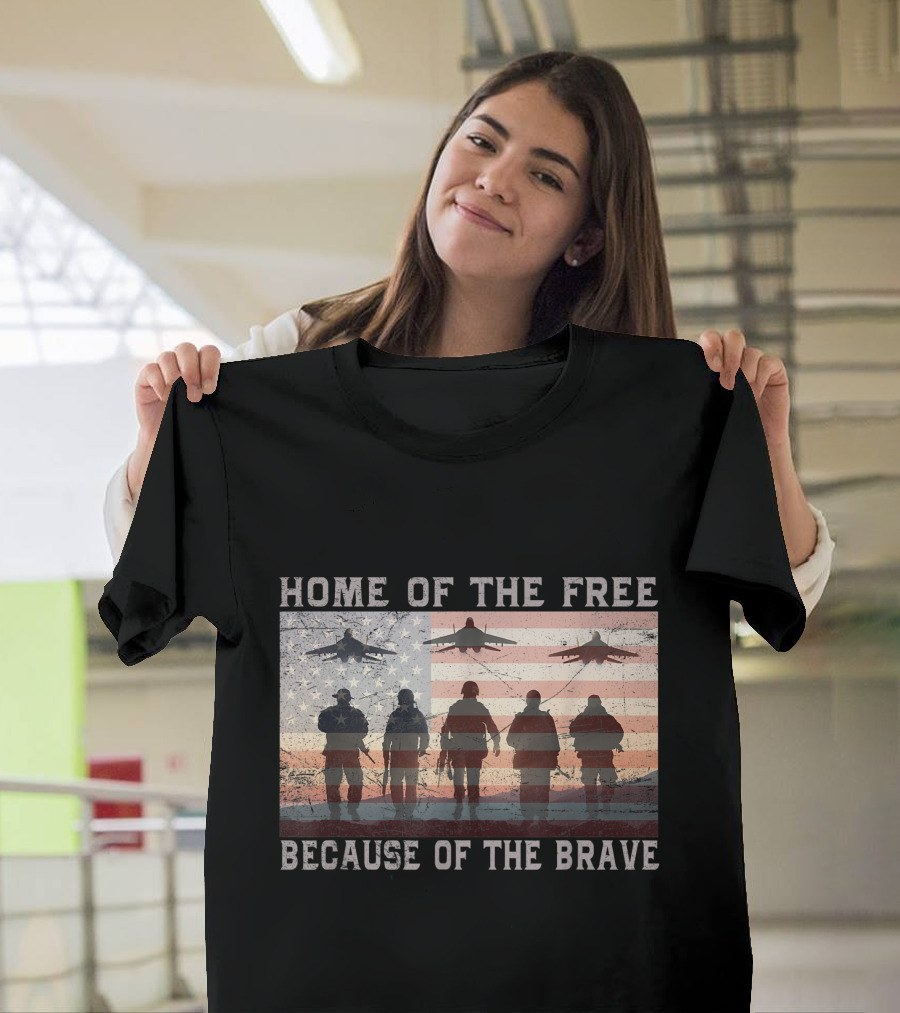 Home Of The Free Because Of The Brave American Flag Soldiers and Jets T-Shirt