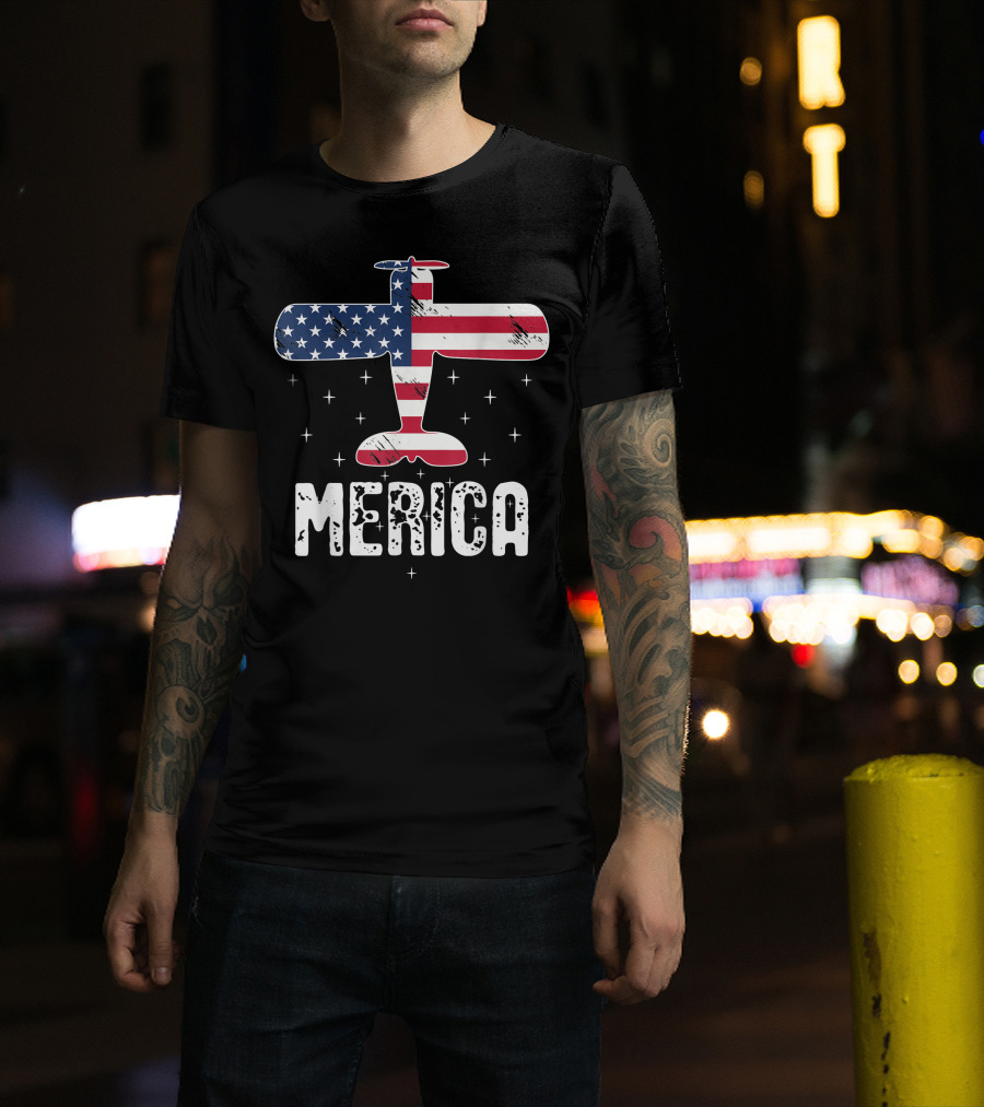 Merica Aviator American Flag Airplane 4th Of July Stars T-Shirt