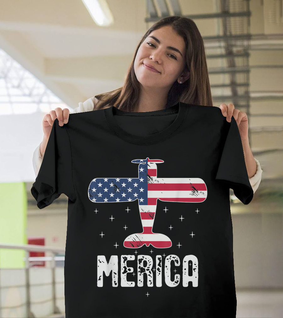 Merica Aviator American Flag Airplane 4th Of July Stars T-Shirt
