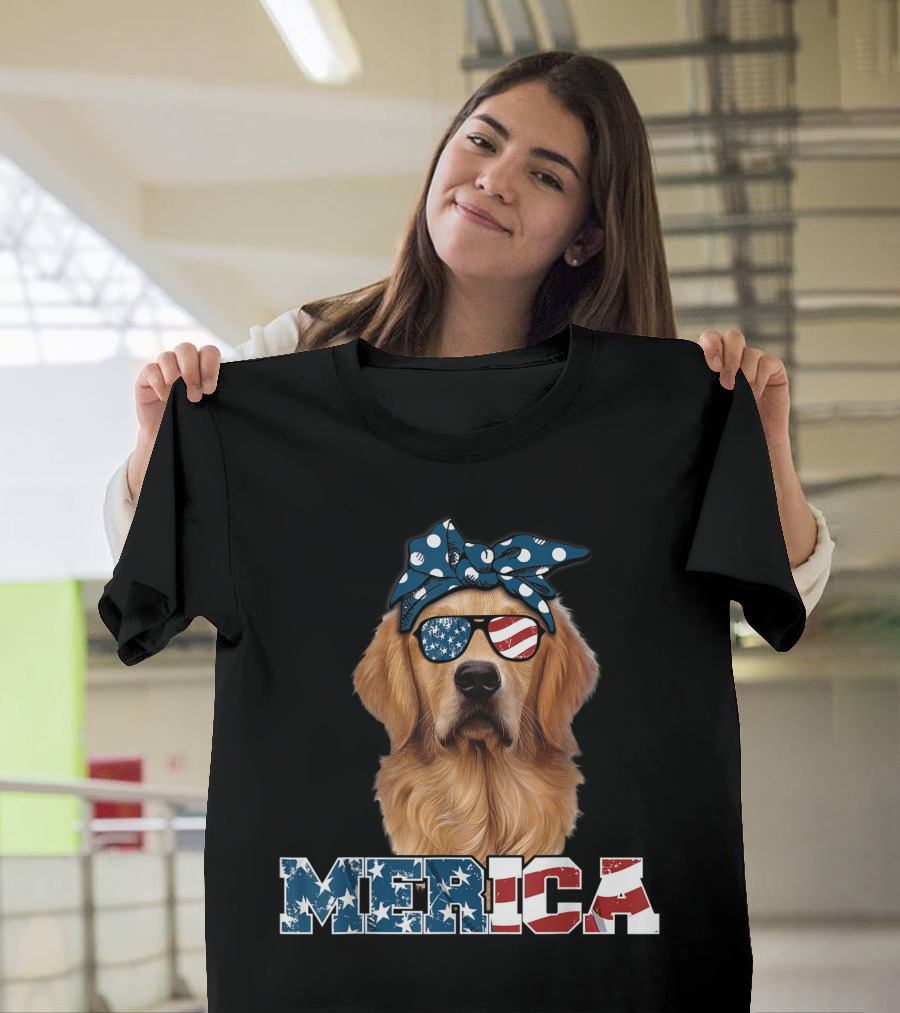 Golden Retriever Merica Stars Stripes Bandana And Sunglasses T-Shirt