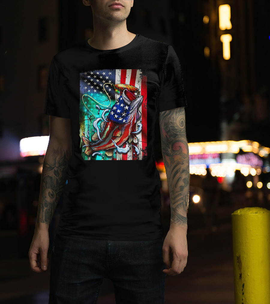 Bass Fishing American Flag USA July 4th T-Shirt