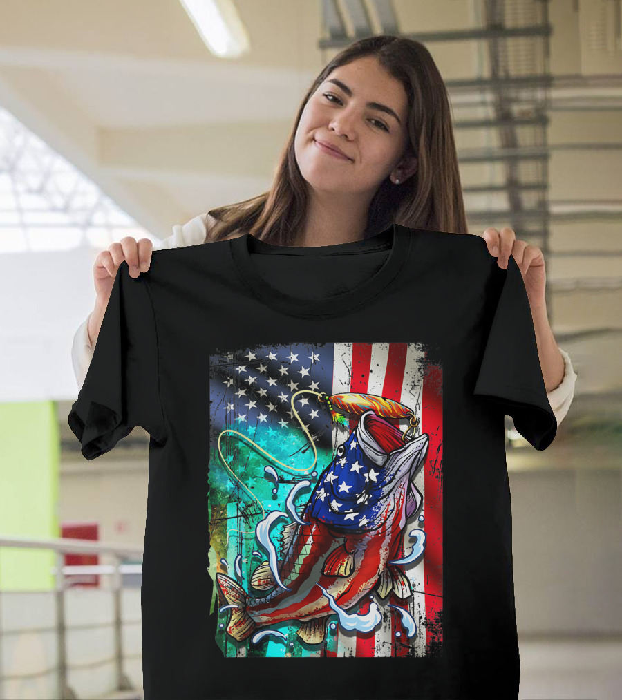 Bass Fishing American Flag USA July 4th T-Shirt