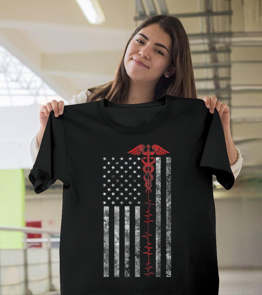Thin Red Line American Flag with Caduceus and EKG Line T-Shirt
