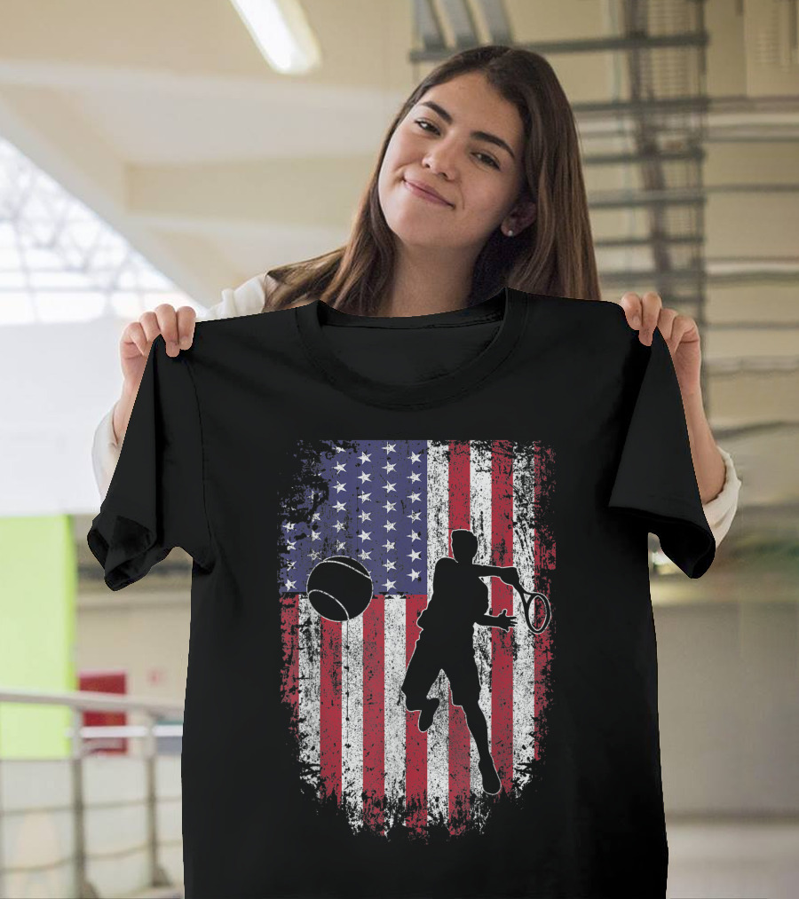 Tennis Player Silhouette with American Flag Stars and Stripes 4th of July USA Patriotic T-Shirt