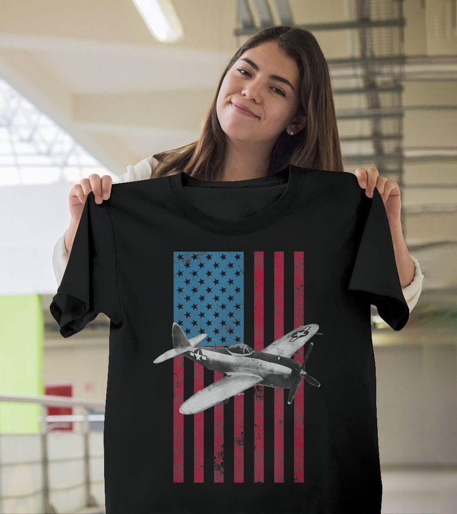 P 47 Thunderbolt USA American Flag Military Aircraft T-Shirt