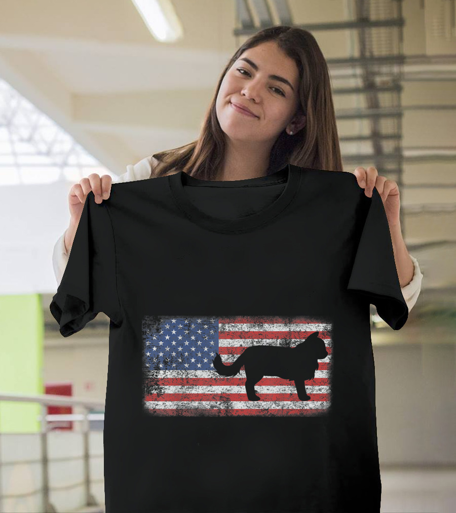 Nebelung Cat Silhouette on Distressed Vintage American Flag Background T-Shirt