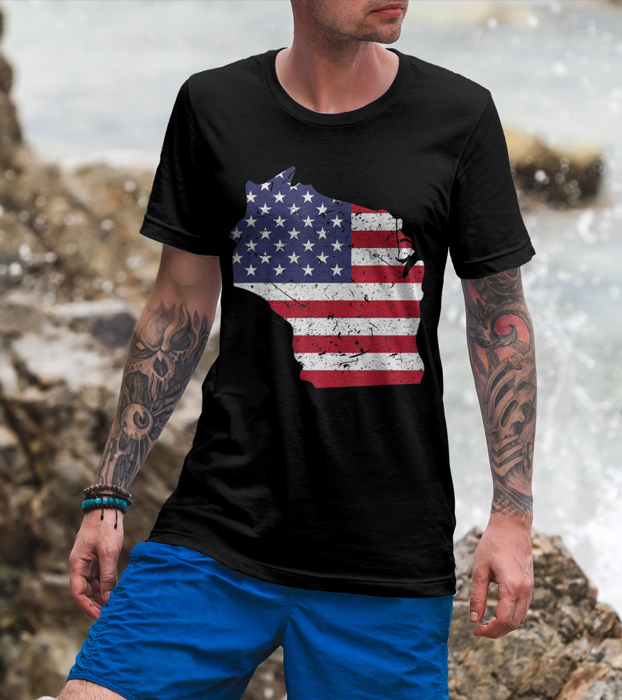 Wisconsin Map American Flag 4th Of July Pride T-Shirt