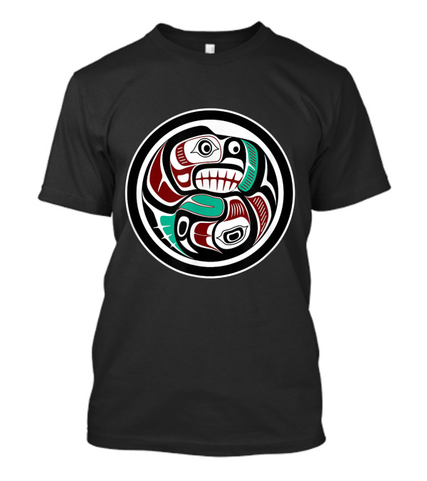 Native American Red Black Otter Chasing Salmon Circle T-Shirt