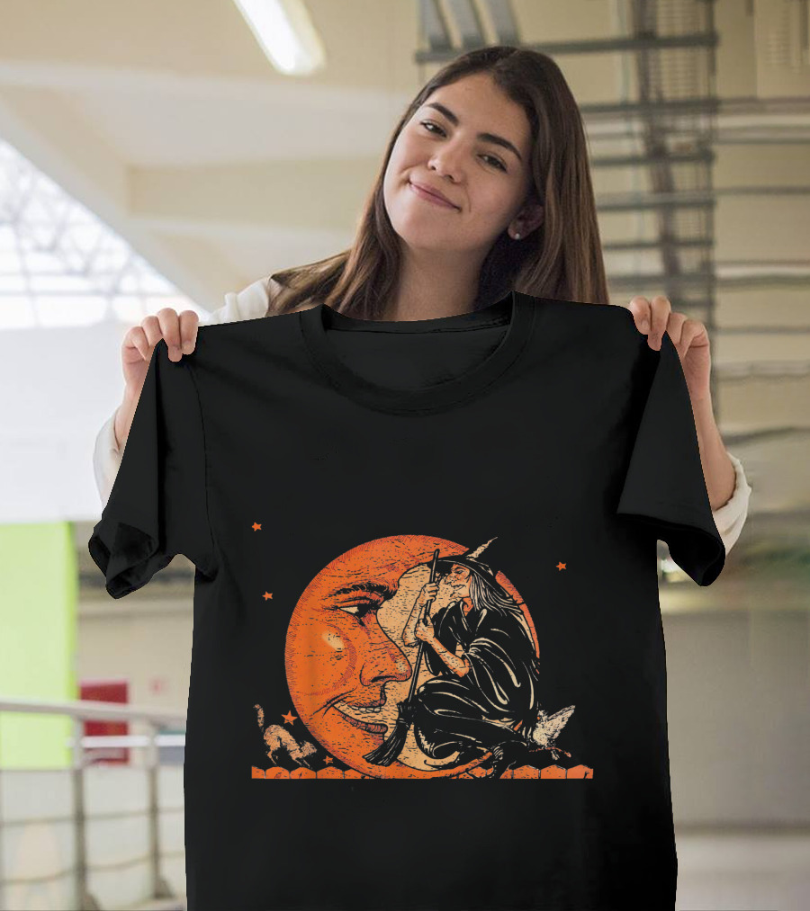 Great Vintage Witch and Moon with Cat and Stars T-Shirt
