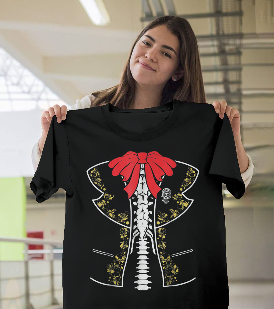 El Dia De Los Muertos Skeleton Suit with Red Bow and Skull T-Shirt