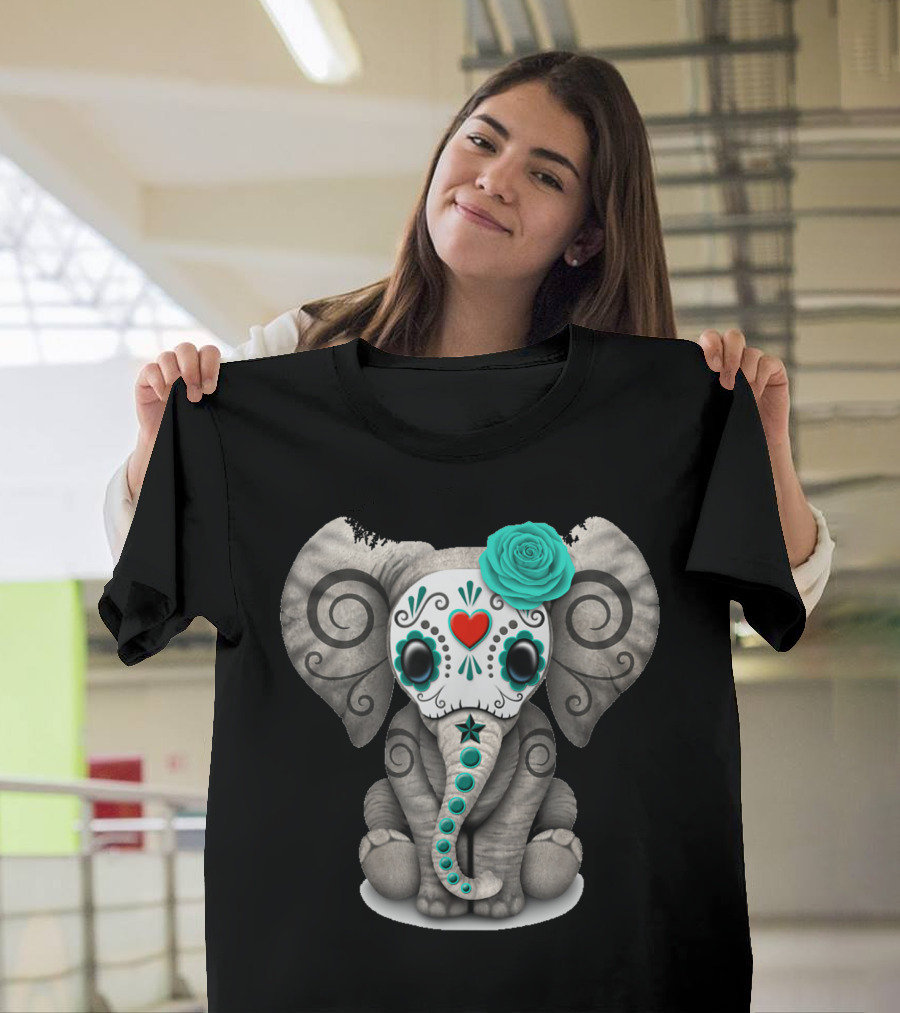 Sugar Skull Elephant Día de los Muertos Heart Rose T-Shirt