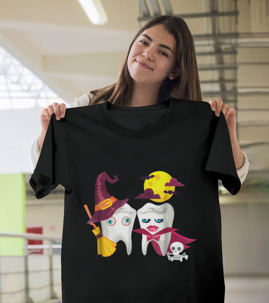 Scary Witch Vampire Halloween Dentist Dental Moon Bats Skeleton T-Shirt