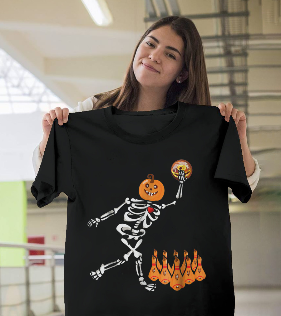 Bowling Pumpkin Skeleton Bone Halloween Pins T-Shirt