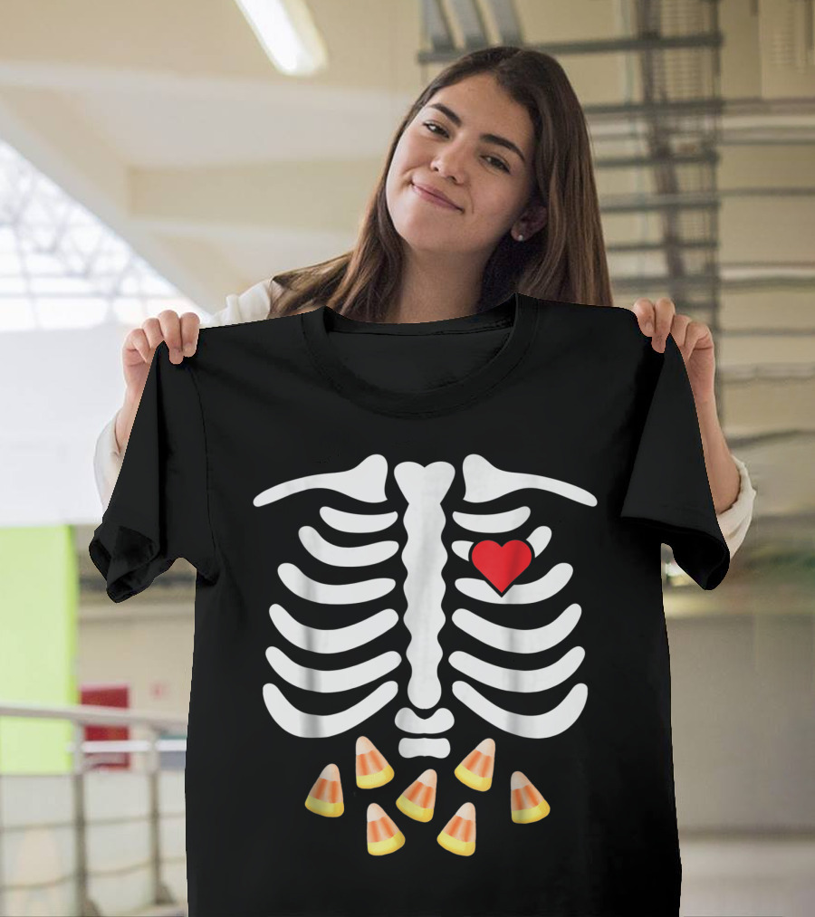 Halloween Skeleton Ribcage Heart Candy Corn Belly T-Shirt