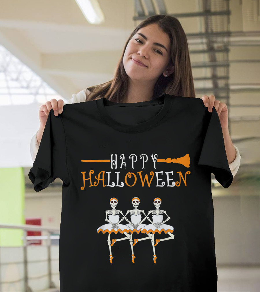 Happy Halloween Ballet Dancer Funny Skeleton Ballerina Trio T-Shirt
