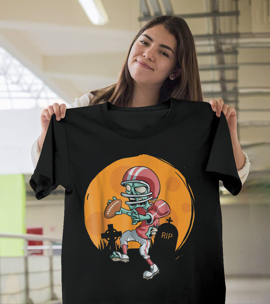 Zombie Football Halloween Graveyard Scene with Helmet and Ball T-Shirt