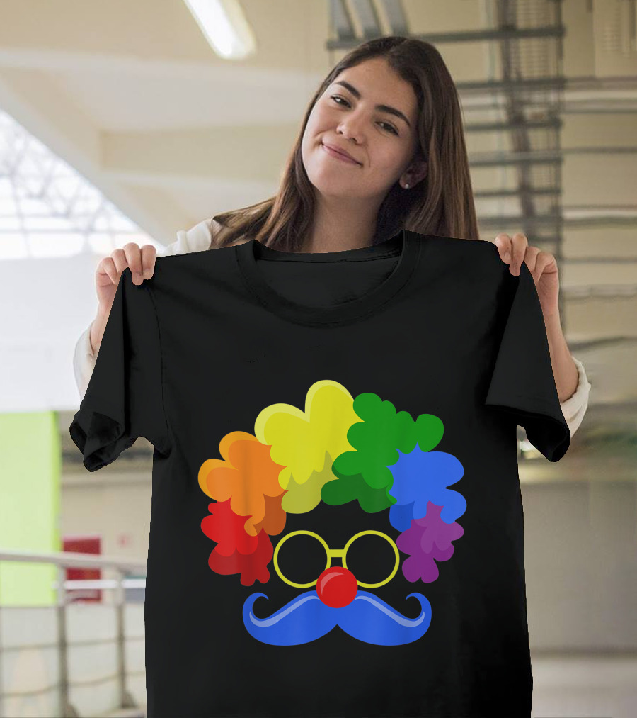 Halloween Clown Face Colorful Wig Moustache Glasses Nose T-Shirt