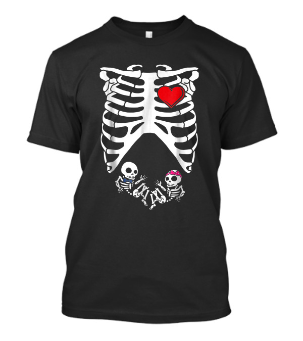 Pregnant Mother Of Twins Skeleton Ribcage Heart Baby Skeletons Cute Halloween T-Shirt