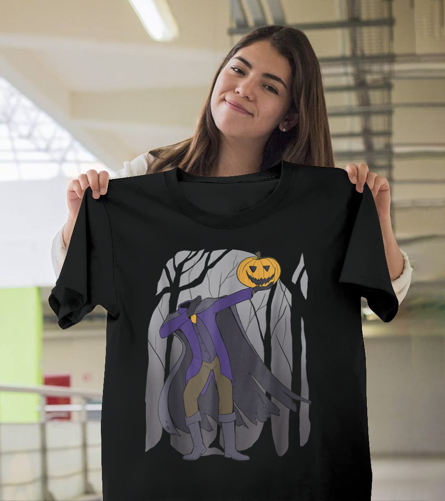 Dabbing Headless Horseman with Pumpkin Head in Spooky Forest Hip Hop Halloween T-Shirt