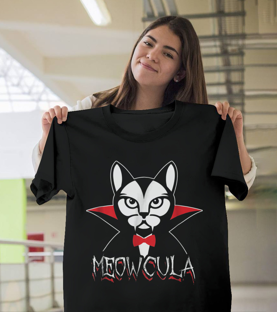 Meowcula Vampire Cat Dracula-Inspired Feline Character with Red Cape and Bow Tie T-Shirt
