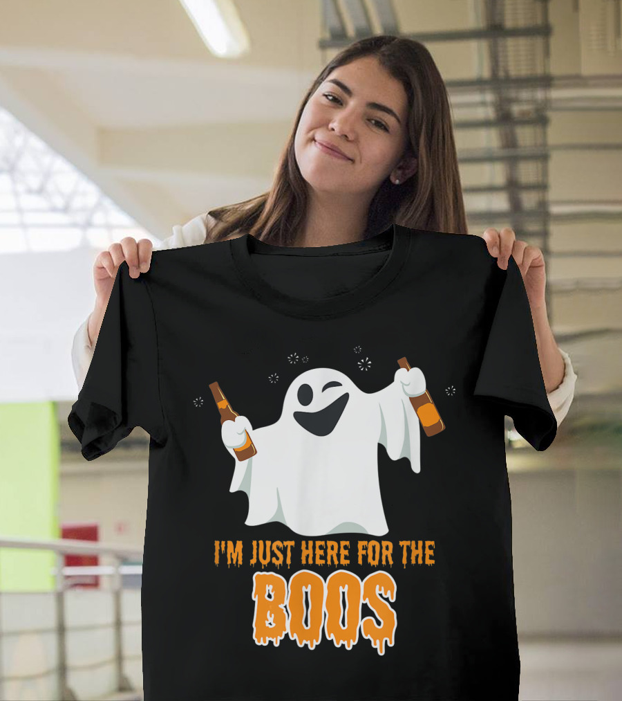 I'm Just Here For The Boos Ghost Waving Wine Bottles Halloween Fun T-Shirt