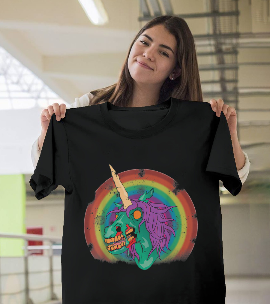 Zombie Unicorn Head with Rainbow Mane T-Shirt
