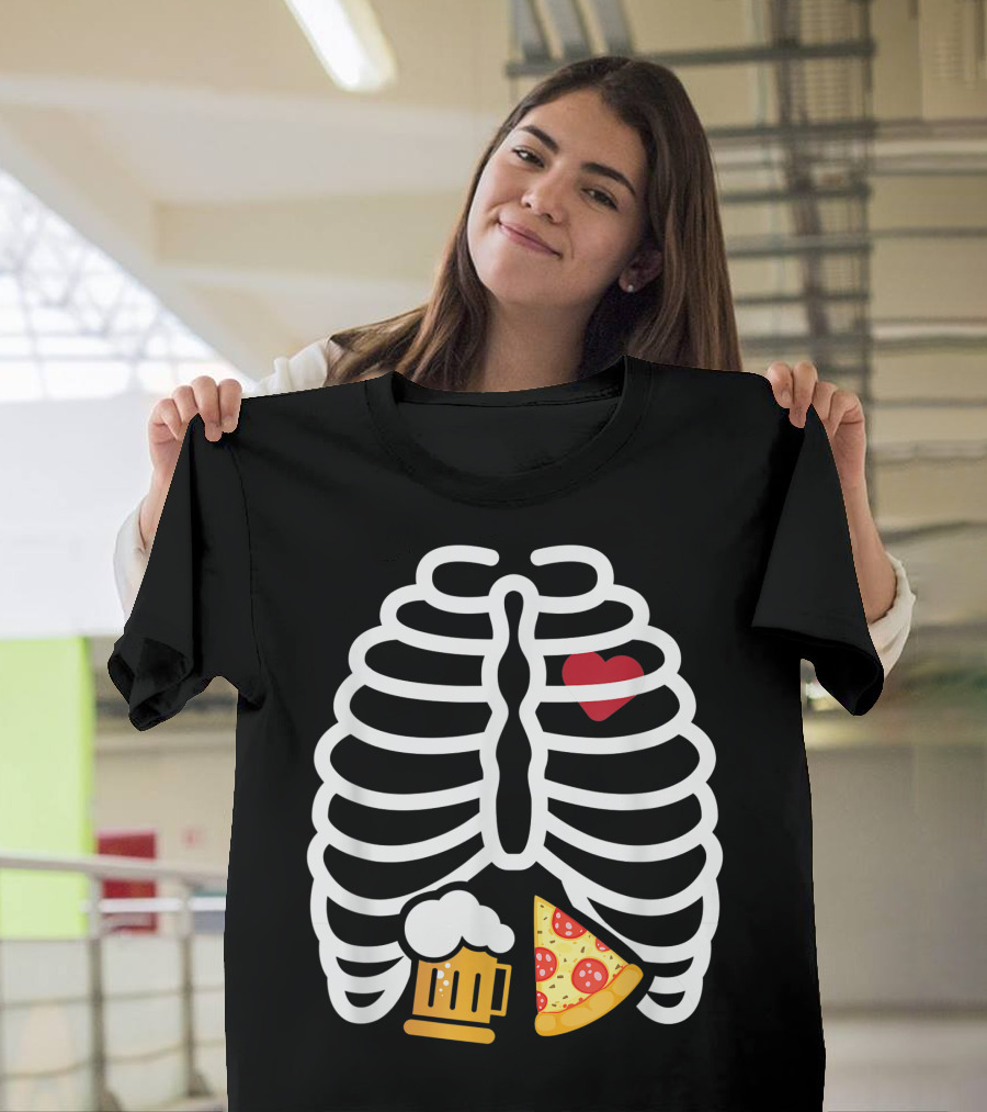 Skeleton Rib Cage Heart Beer Pizza T-Shirt
