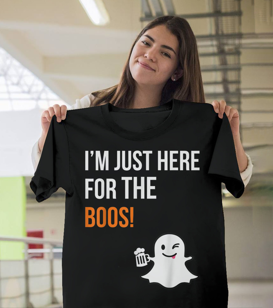 I'm Just Here for the Boos Winking Ghost with Beer Mug Halloween T-Shirt