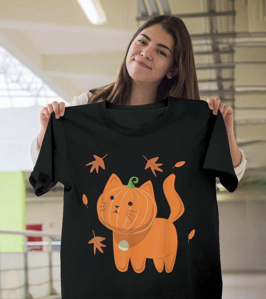 Cute Halloween Cat with Pumpkin Head and Falling Leaves T-Shirt