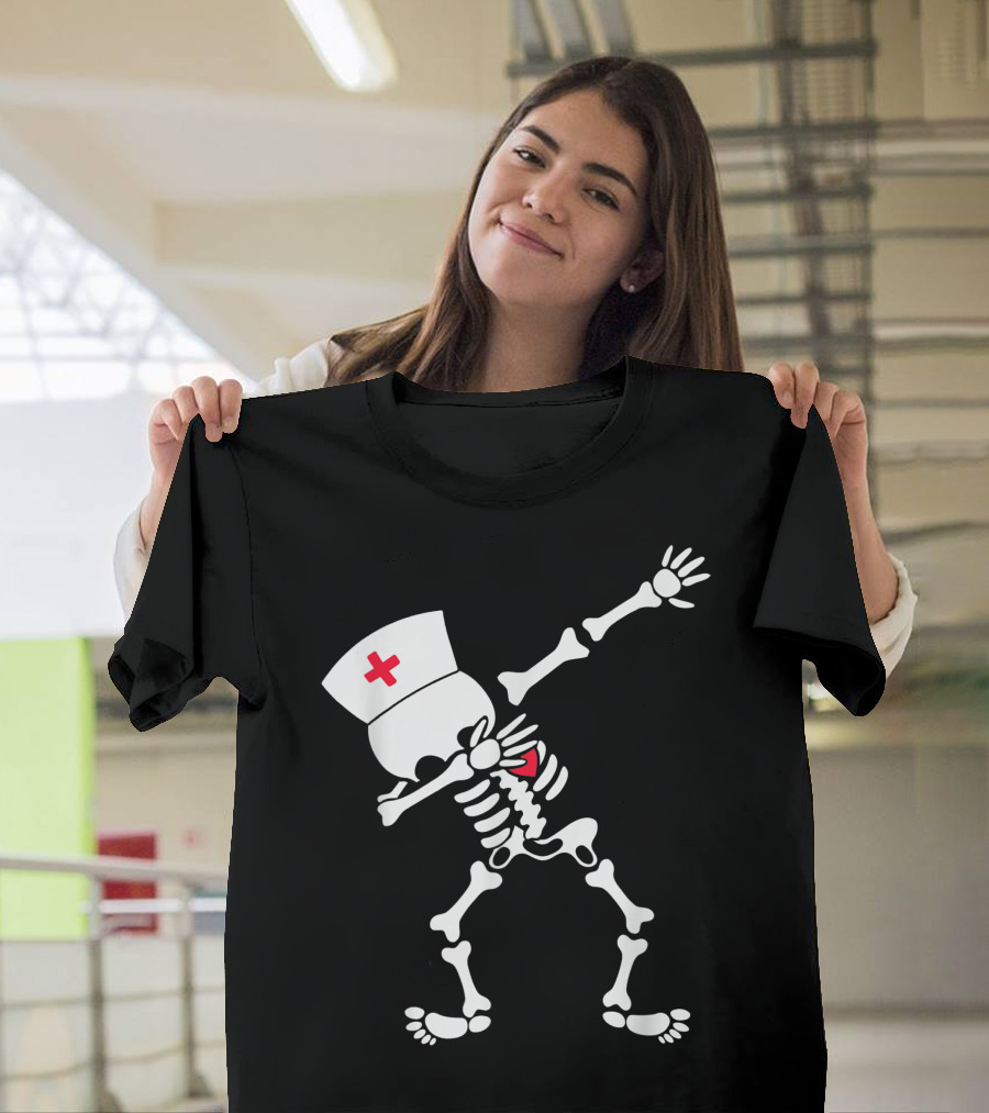 Dabbing Skeleton Nurse Halloween Costume with Nurse Hat and Red Cross T-Shirt