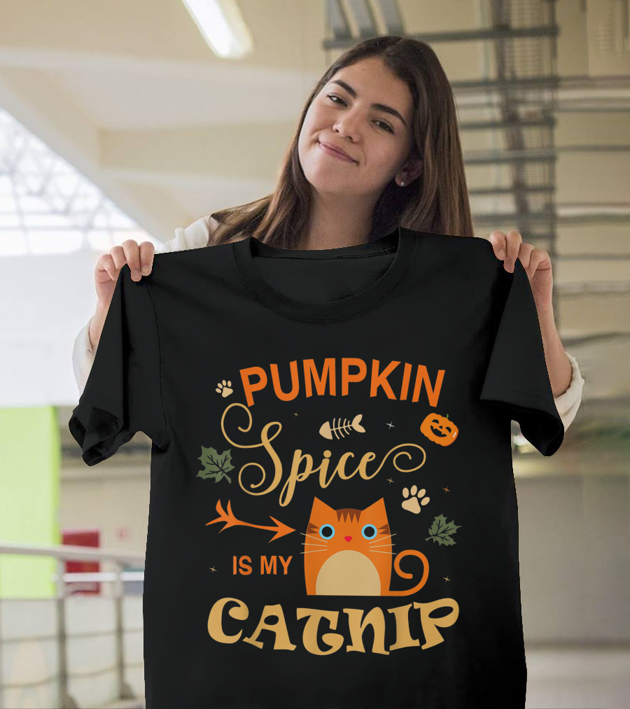 Pumpkin Spice Is My Catnip Cat with Leaves and Jack-O'-Lantern T-Shirt