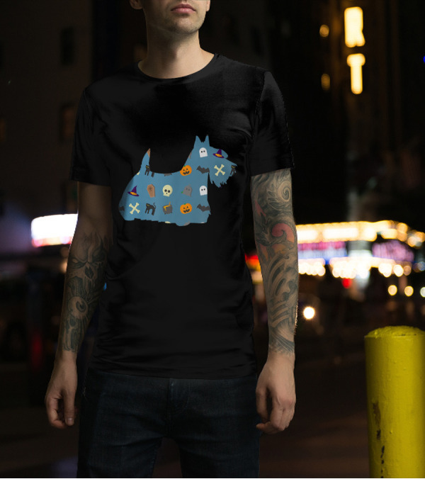 Scottish Terrier Scottie Dog Halloween Ghost Pumpkin Skull Bat Black Cat T-Shirt