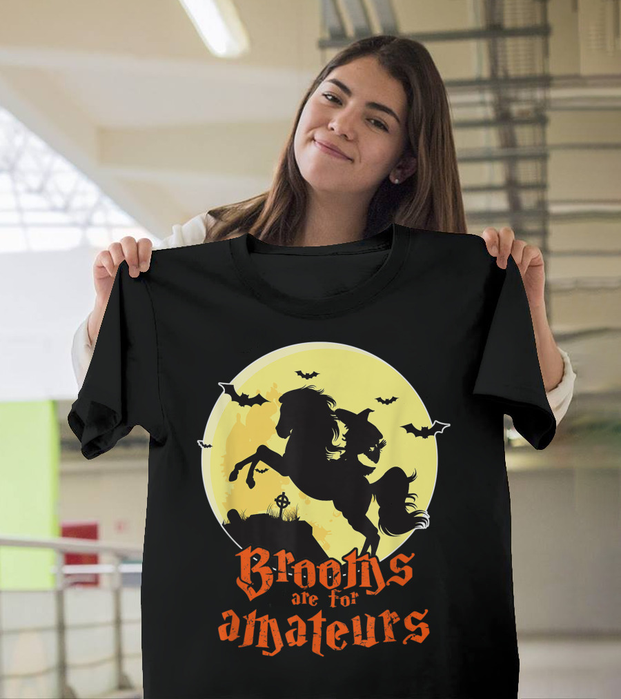 Brooms Are For Amateurs Witch Riding Horse with Bats in Moonlight T-Shirt