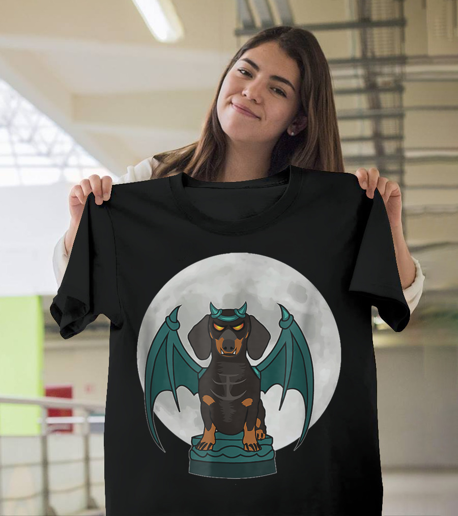 Gargoyle Dachshund Moonlight Wings T-Shirt