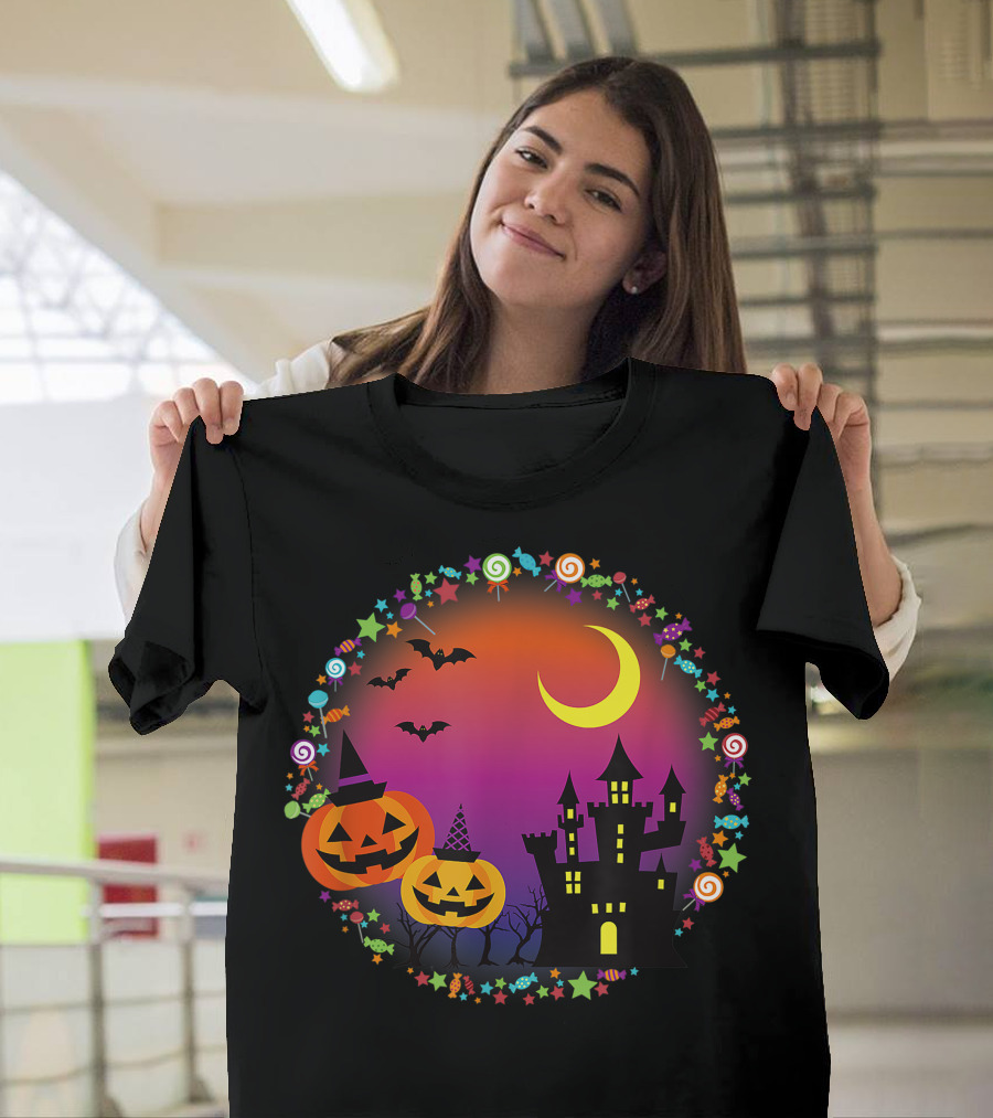 Halloween Haunted Castle Jack O Lantern Witch Hat Bats and Candy T-Shirt