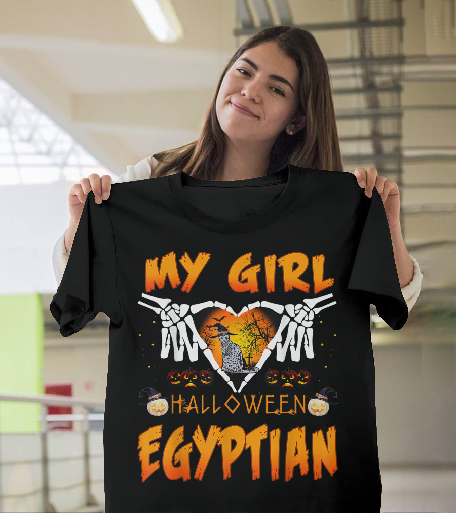 My Girl Halloween Egyptian Cat with Skeleton Hands in Heart and Pumpkins T-Shirt