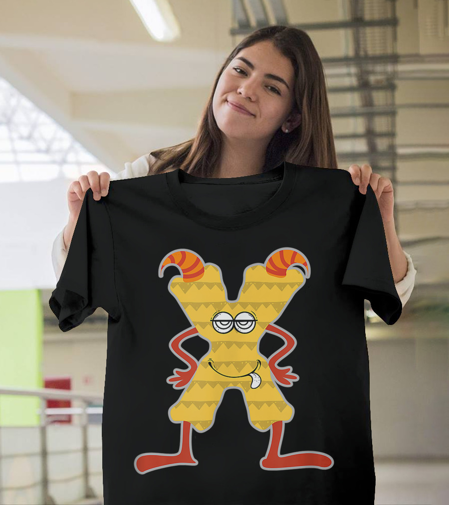 Alphabet X Monster Cute Fun Scary Creature Monogram Initial with Striped Yellow and Red Horns T-Shirt