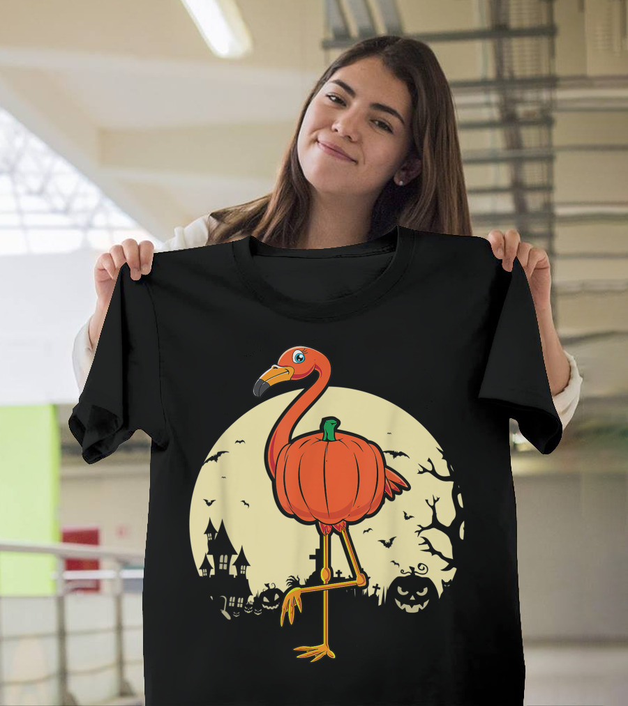 Spooky Flamingo Pumpkin Halloween Cute Bird Lover Haunted Moonlit Scene T-Shirt
