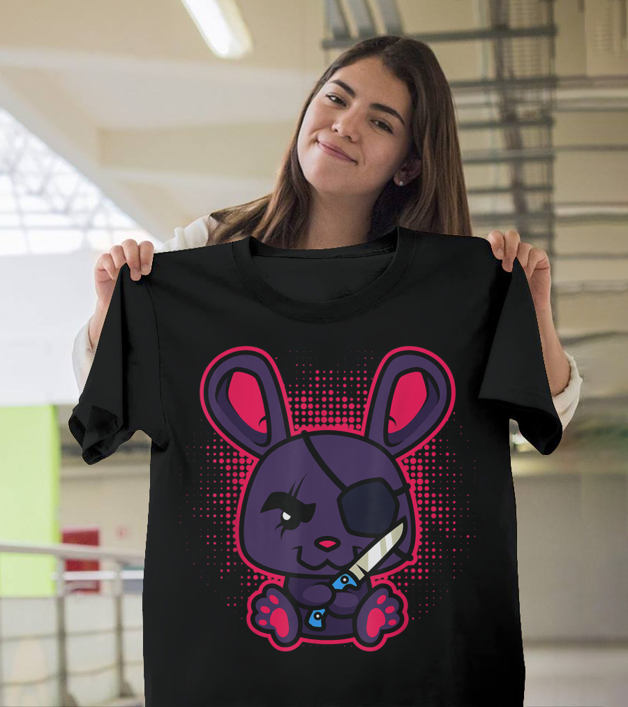 Horror Rabbit Halloween Evil Cuddly Graveyard Knife Eyepatch T-Shirt