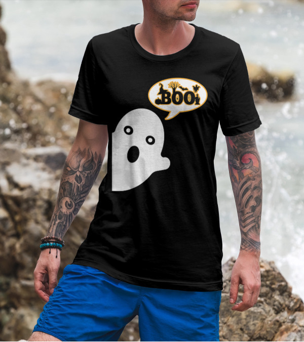 Boo Halloween Ghost Witch Hat Spiders Pumpkins Bats T-Shirt
