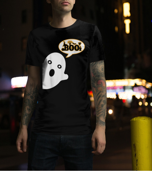 Boo Halloween Ghost Witch Hat Spiders Pumpkins Bats T-Shirt