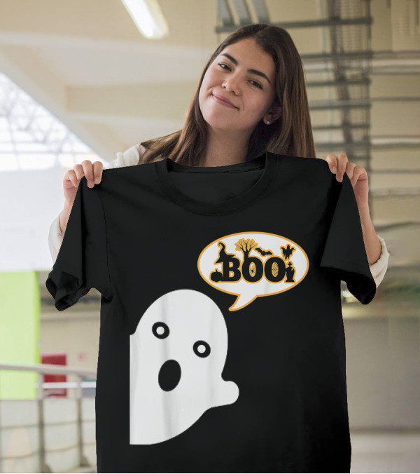 Boo Halloween Ghost Witch Hat Spiders Pumpkins Bats T-Shirt