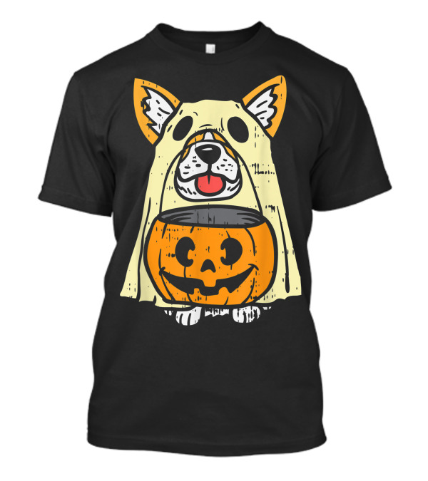 Welsh Corgi Ghost Funny Halloween Costume With Pumpkin Trick-or-Treat Dog Owner Lover T-Shirt
