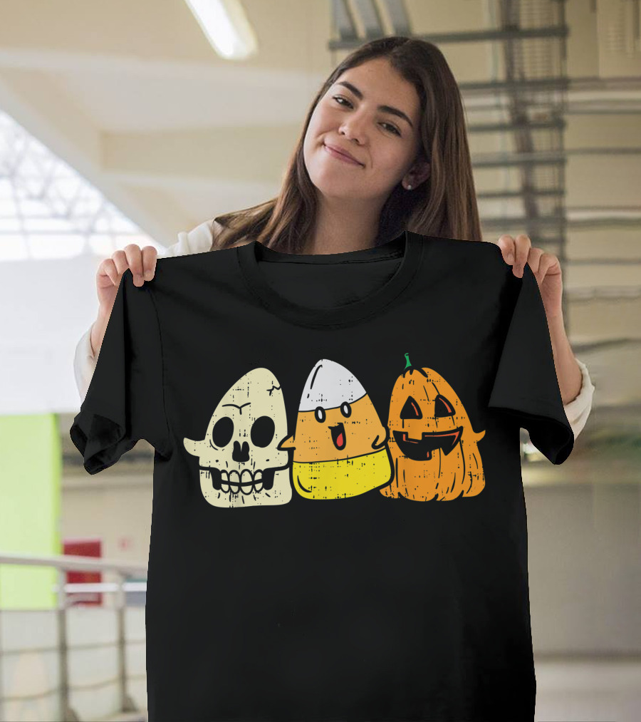 Skeleton Skull Candy Corn Pumpkin Fun Halloween T-Shirt